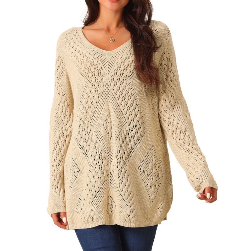 V Neck Long Sleeve Hollow Cable Knit Loose Casual Pullover Sweaters Khaki